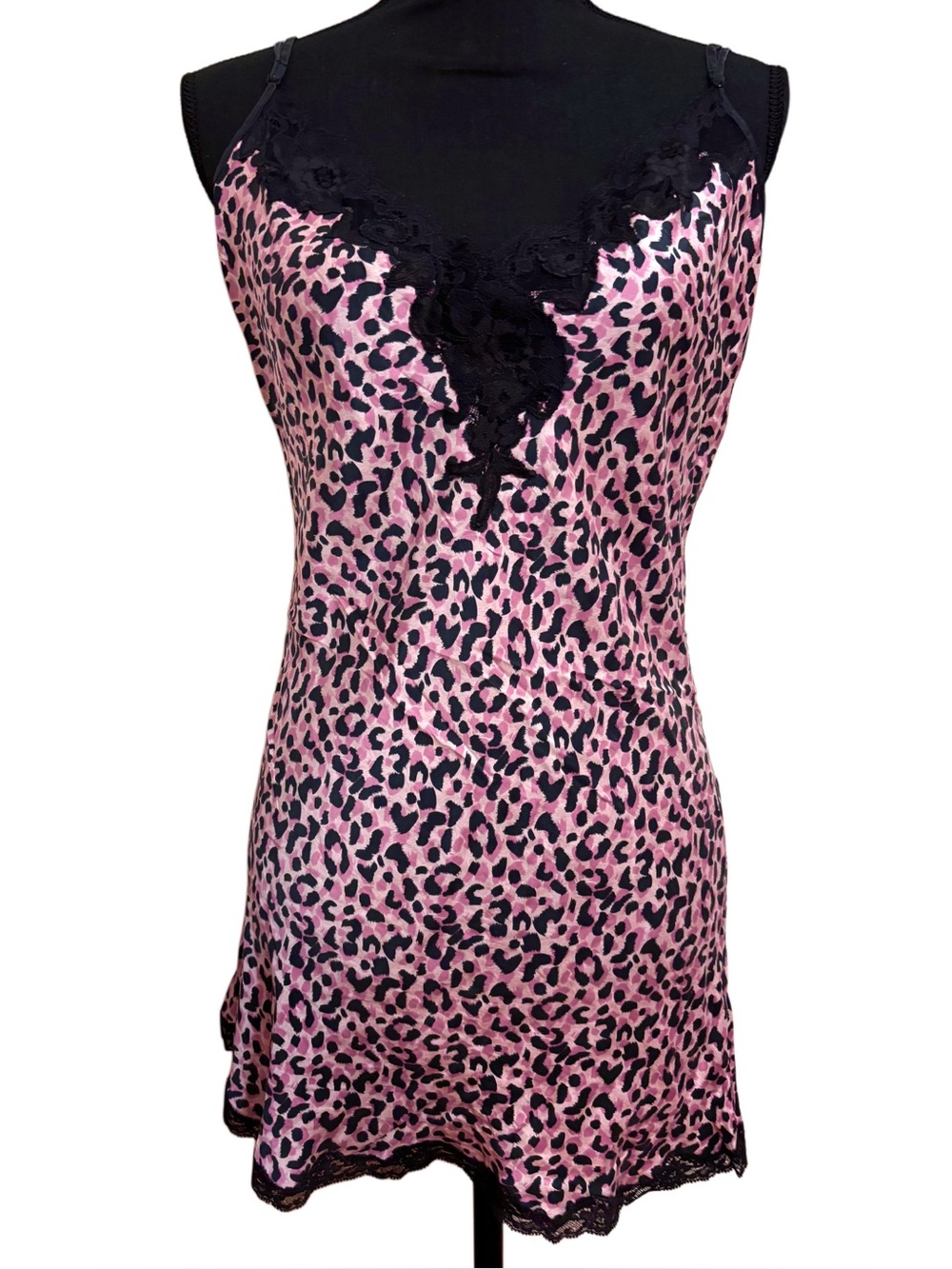 Vintage Victoria’s Secret 100% Silk Pink & Black Lace Leopard Print Slip - Large